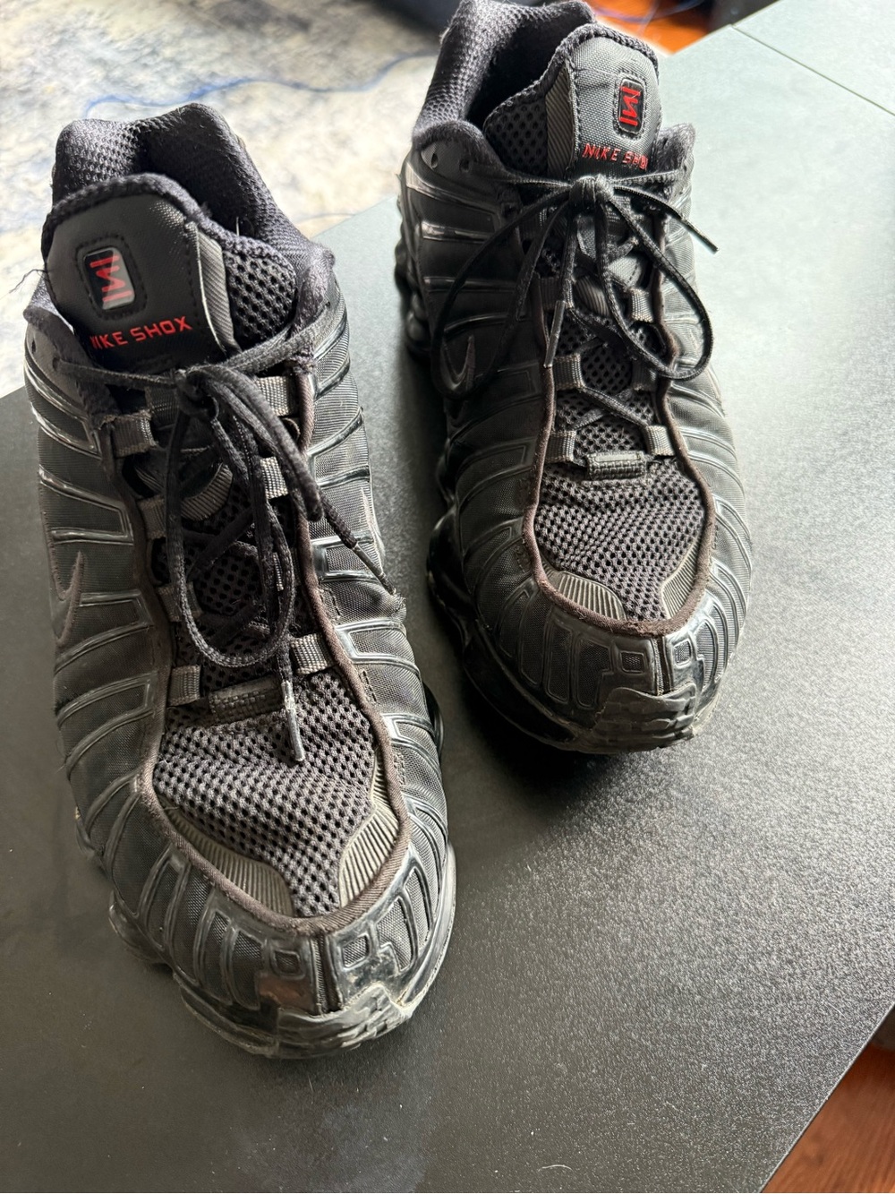 Nike Black Men’s Athletic Shox Sneakers with Red Logo Accents